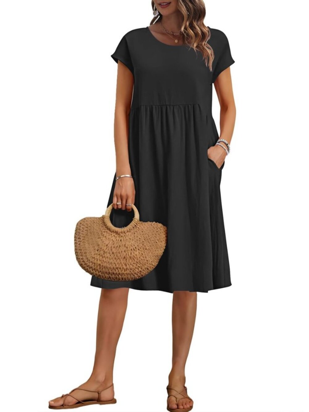 Women's Summer Short Sleeve Knee-Length Loose Dresses with Pockets